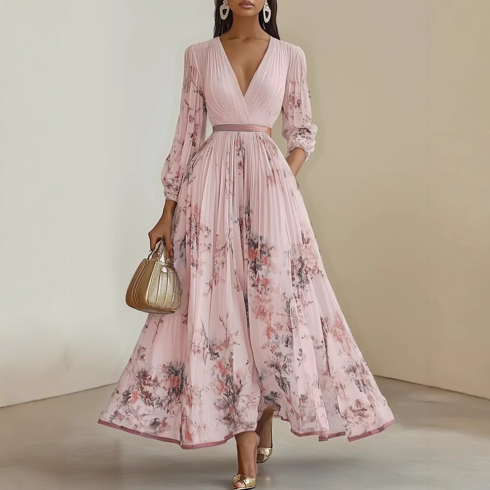 Elegant Floral Maxi Dress Women Long Sleeve Boho A-Line Pleated Dresses